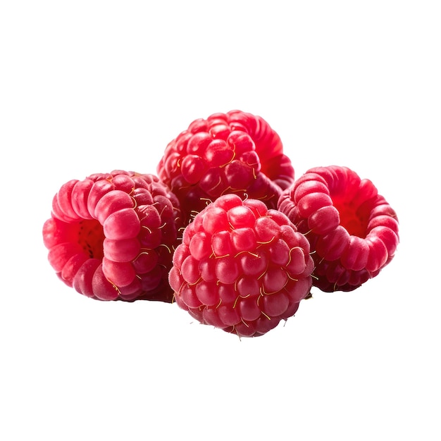 A bunch of raspberries with a white background