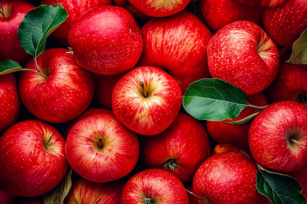 Bunch of red apples are piled together with some having leaves on them