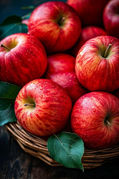 Bunch of red apples in basket with leaves underneath