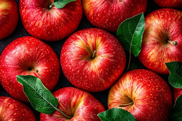 Bunch of red apples with green leaves still attached