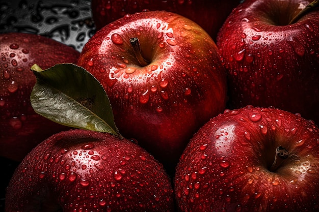 A bunch of red apples with water droplets on them