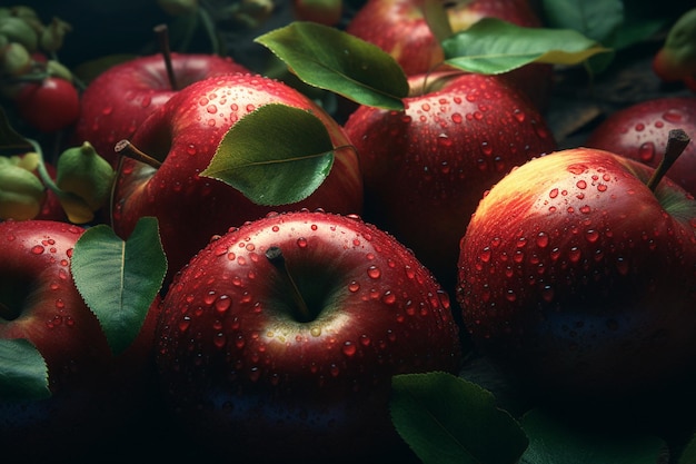 A bunch of red apples with water droplets on them