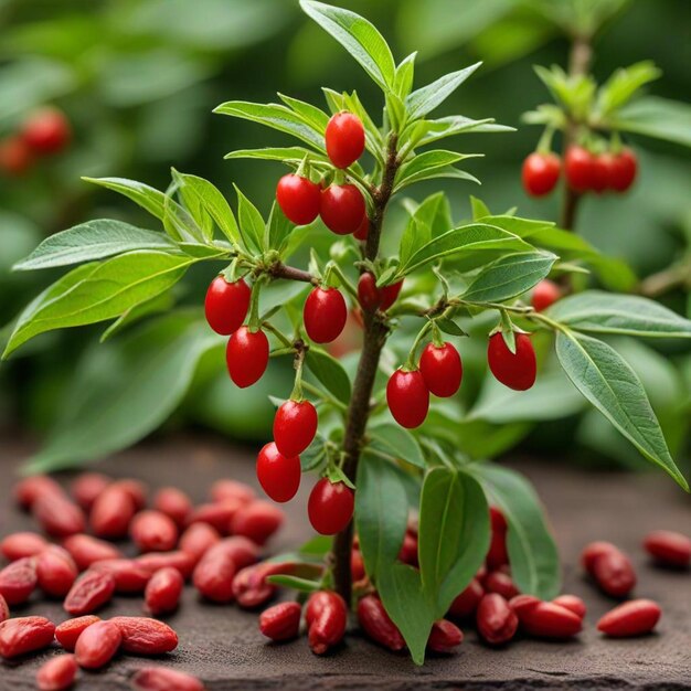 Photo a bunch of red berries are on a wooden surface