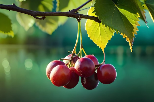 A bunch of red berries hang from a tree branch.