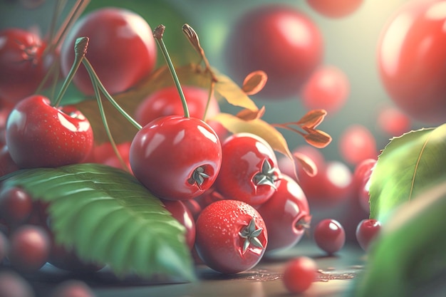 A bunch of red cherries on a table with green leaves