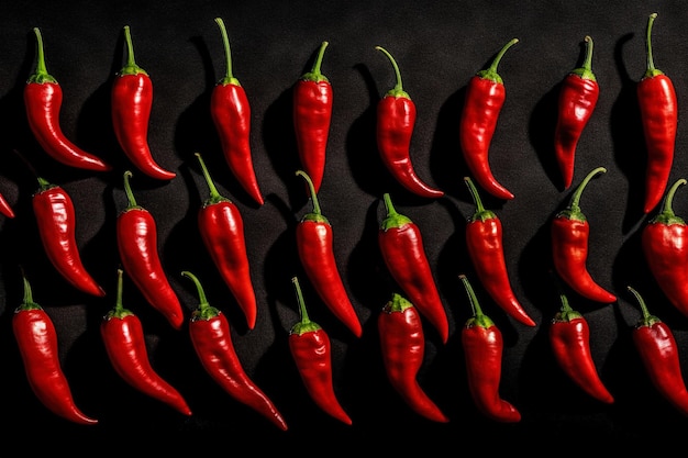 A bunch of red chili peppers are lined up against a black background