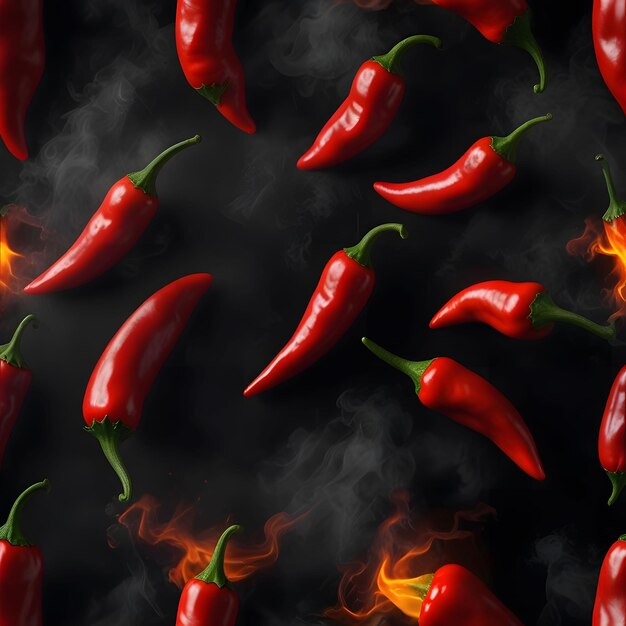 a bunch of red chili peppers with flames and smoke rising in the background