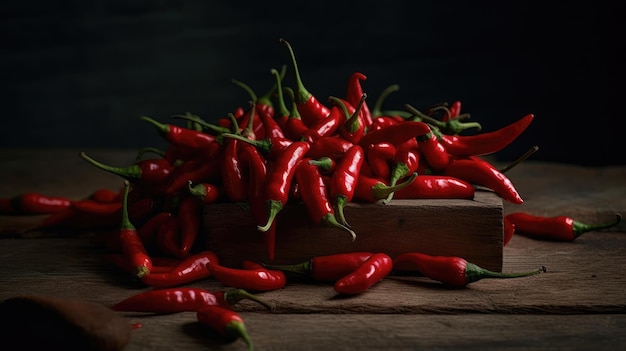 A bunch of red chilli peppers on a wooden table