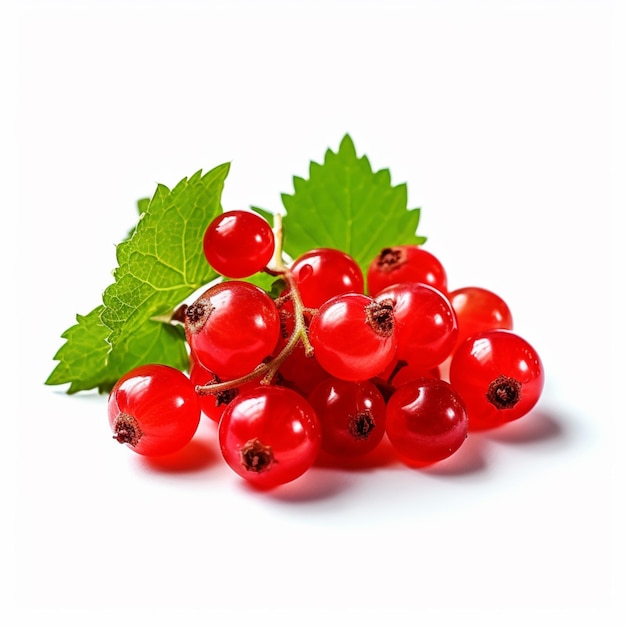 A bunch of red currants with a green leaf on the top