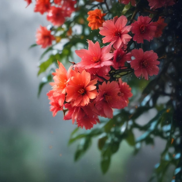 a bunch of red flowers with green leaves and a green background