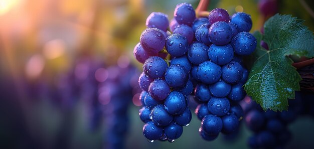 A bunch of red grapes between the grape leaves in a vineyard of Gmar Tenerife Canary Islands