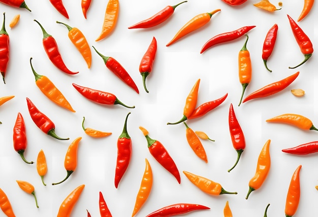 a bunch of red and orange peppers are on a white background