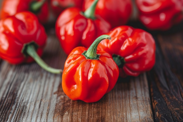 a bunch of red peppers on a wooden table