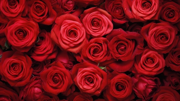 A bunch of red roses are in a bunch.