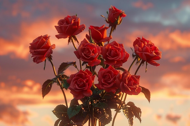 a bunch of red roses are in a vase with the sun behind them