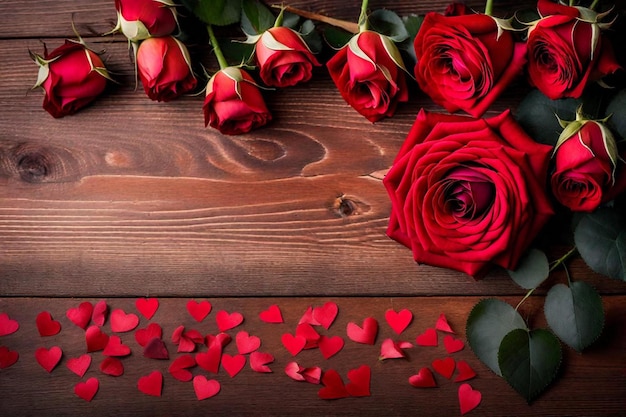 a bunch of red roses are on a wooden table with hearts and a heart symbol