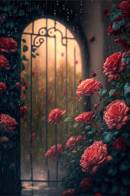 Bunch of red roses in front of a gate generative ai