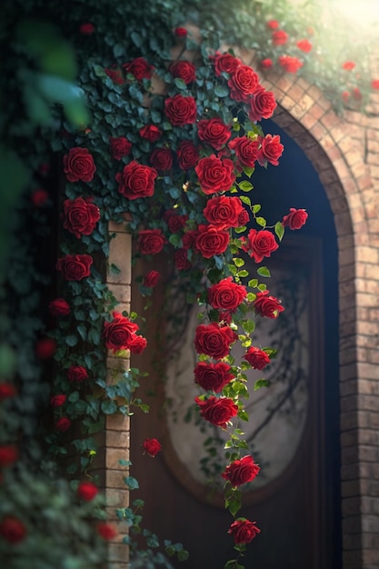 Bunch of red roses growing on the side of a building generative ai