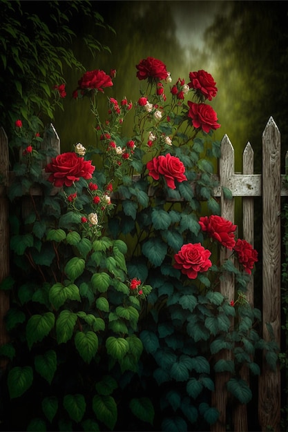 Bunch of red roses growing next to a wooden fence generative ai