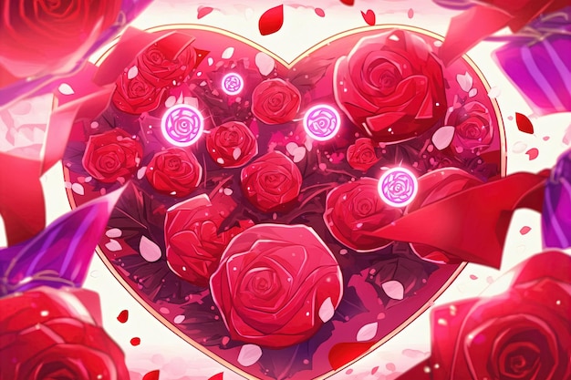 A bunch of red roses in a heart shaped box generative AI