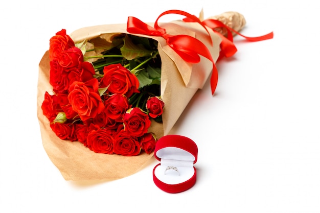 Bunch of red roses isolated on white . Valentine's day concept