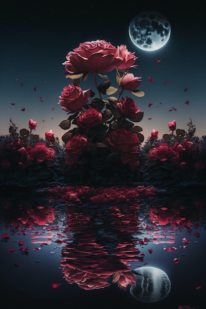 Bunch of red roses sitting on top of a body of water generative ai