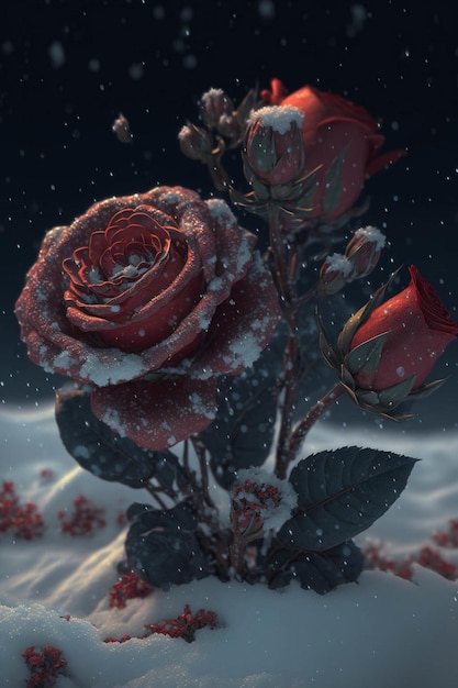 Bunch of red roses sitting on top of a snow covered ground generative ai