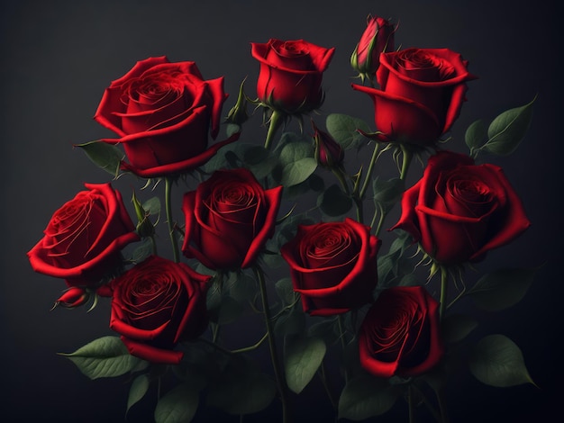 A bunch of red roses with a green leaf on the top