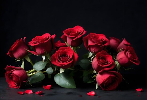 a bunch of red roses with green leaves and red roses