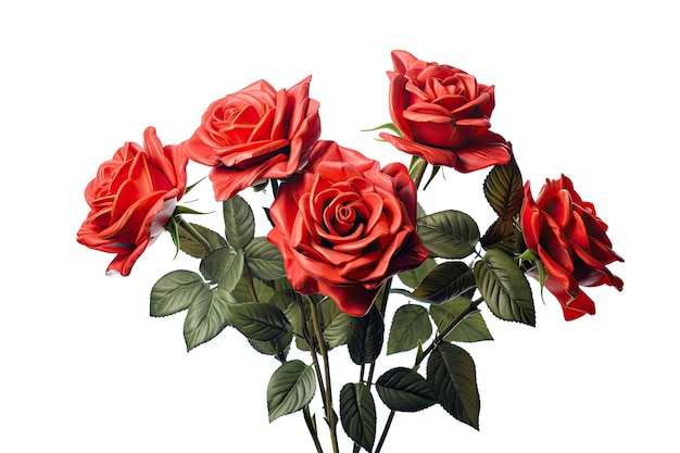 a bunch of red roses with green leaves