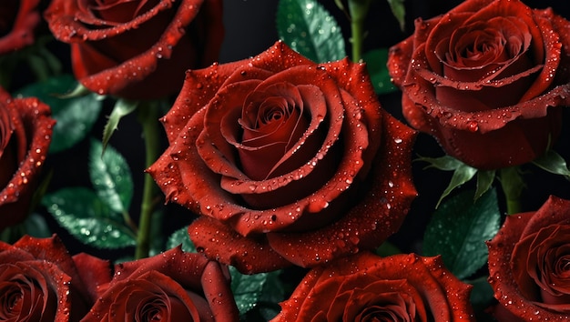 Photo a bunch of red roses with water drops on them