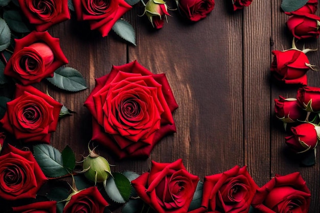 a bunch of red roses with a wooden background