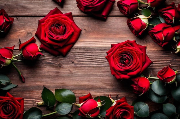 a bunch of red roses on a wooden background