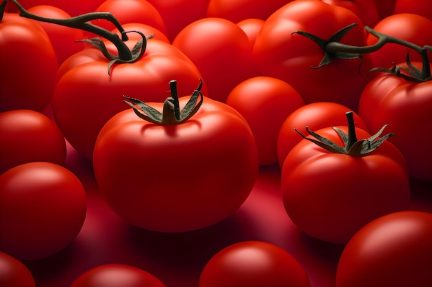 A bunch of red tomatoes are on a red background.