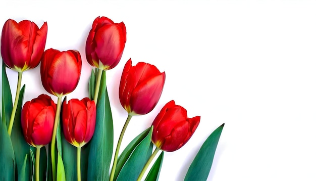 a bunch of red tulips with green leaves