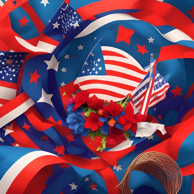 a bunch of red white and blue ribbons with stars and a ribbon