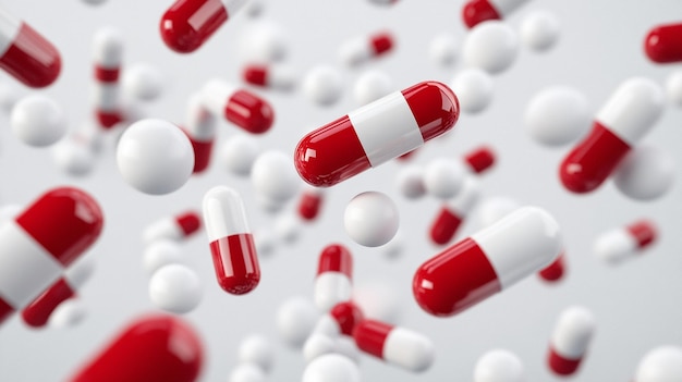 a bunch of red and white pills that are on a white background