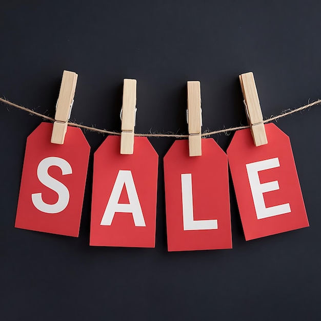 Photo a bunch of red wooden signs hanging on a rope with the word sale on it