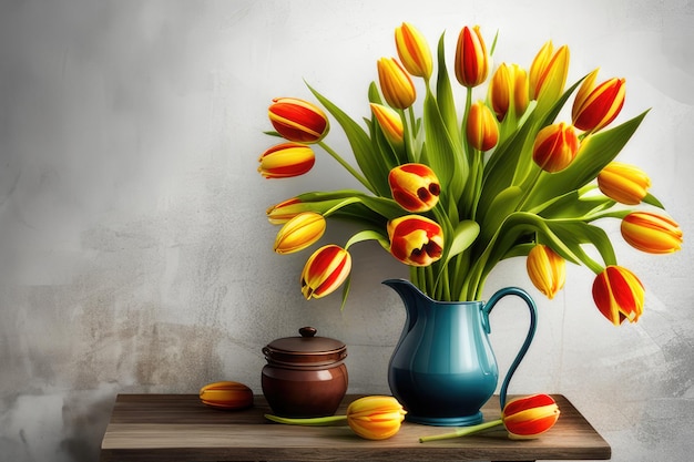 Bunch red and yellow tulip flowers in glass vintage vase on rustic wooden table