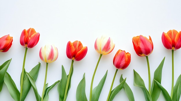 a bunch of red and yellow tulips with green leaves