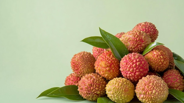 Bunch of ripe lychee Litchi chinensis their red rough skin glossy green leaf arranged against light