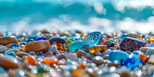 a bunch of rocks are scattered on the ground with a blue water background