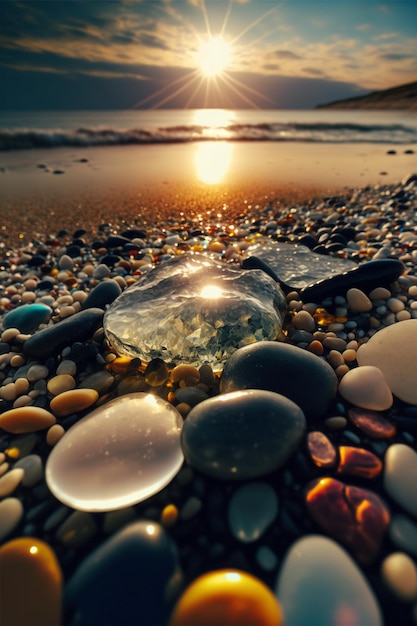 Bunch of rocks sitting on top of a beach generative ai