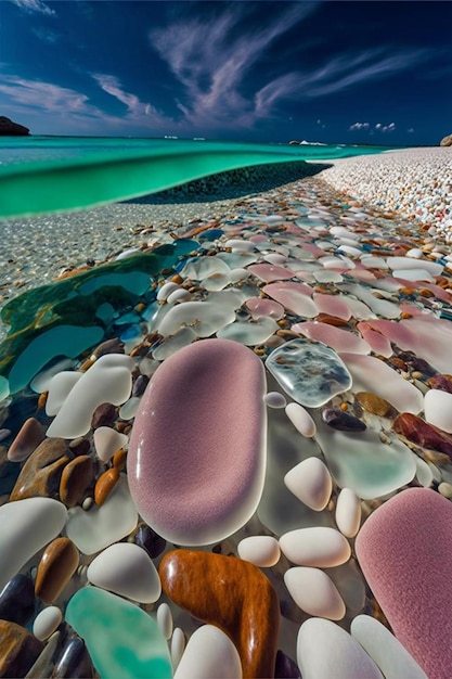 Bunch of rocks sitting on top of a beach generative ai