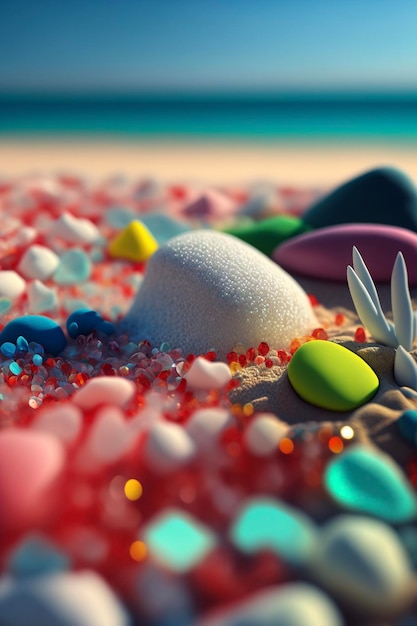 Bunch of rocks sitting on top of a sandy beach generative ai