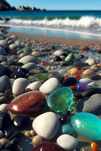 Bunch of rocks sitting on top of a sandy beach generative ai