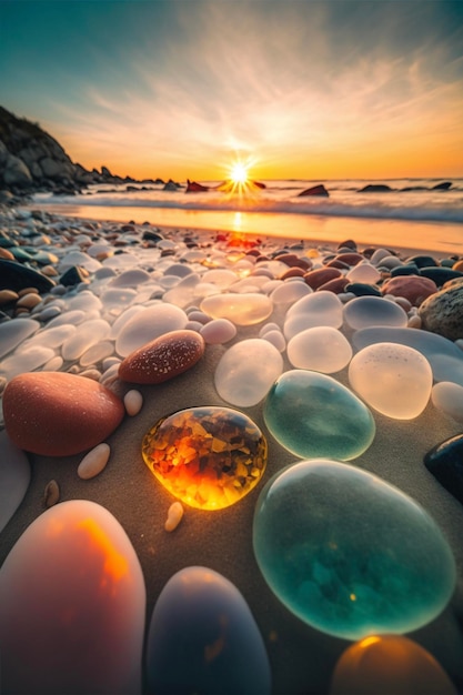 Bunch of rocks sitting on top of a sandy beach generative ai