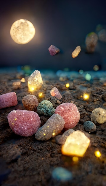 Bunch of rocks sitting on top of a sandy beach generative ai