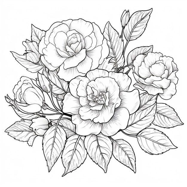 A bunch of roses with leaves and flowers