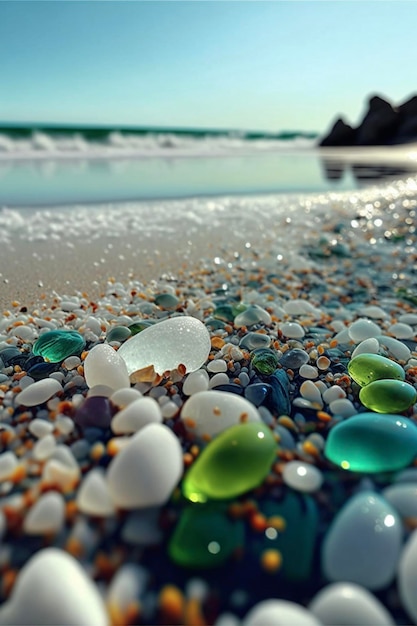 Bunch of sea glass sitting on top of a beach generative ai